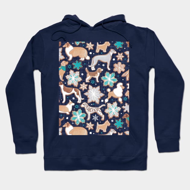 Catching ice and sweetness // pattern // navy blue background gingerbread white brown grey and dogs and snowflakes turquoise details Hoodie by SelmaCardoso